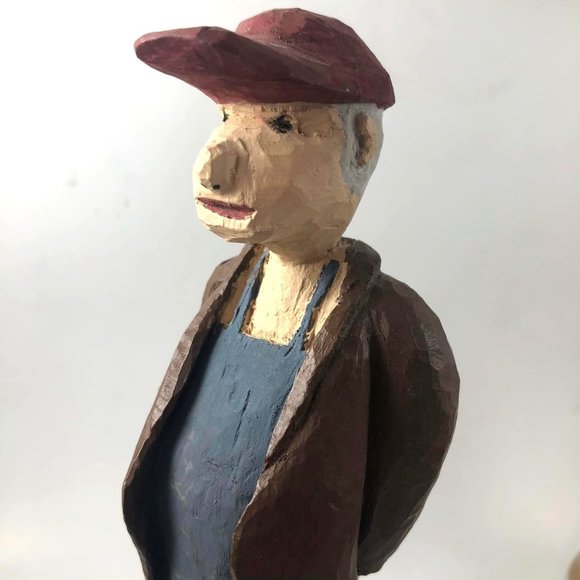 Hand carved Wood Folk Art Grandfather 7 Inches Overalls Coat Baseball Red Baseba - Picture 7 of 9
